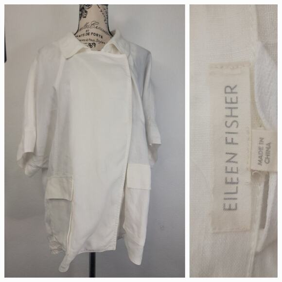 Eileen Fisher Cargo Jacket L 100% Organic Linen Pockets Lagenlook Coastal White - Picture 1 of 11